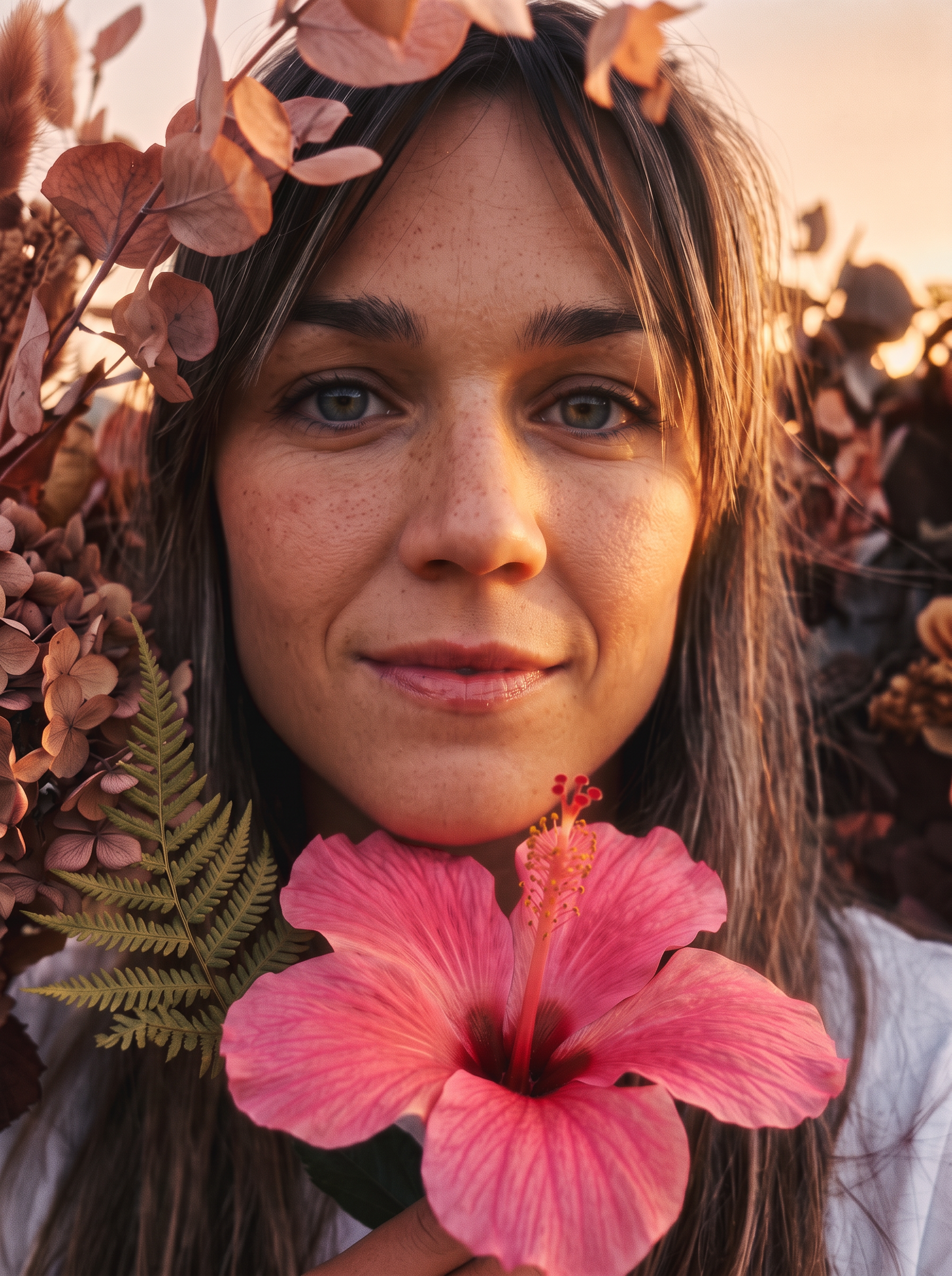 Michelle with a pink hibiscus at her chin, in warm vintage light